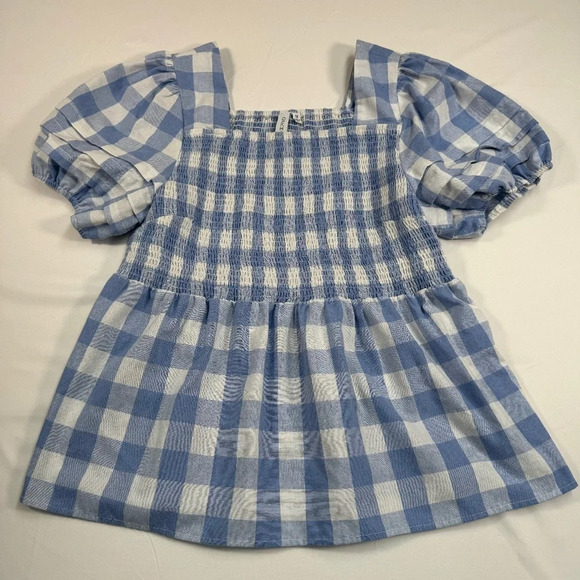 Grace + Karma Peplum Smocked Top Womens Plus Size 1X Blue Puff Sleeve Buffalo - Picture 1 of 8